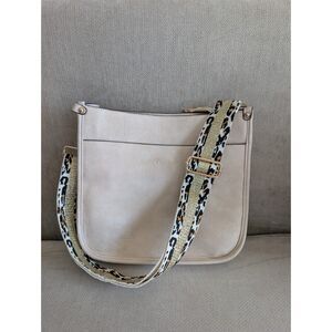 Caitina Vegan Leather Crossbody Bag Cream Leopard Gold Guitar Strap Large